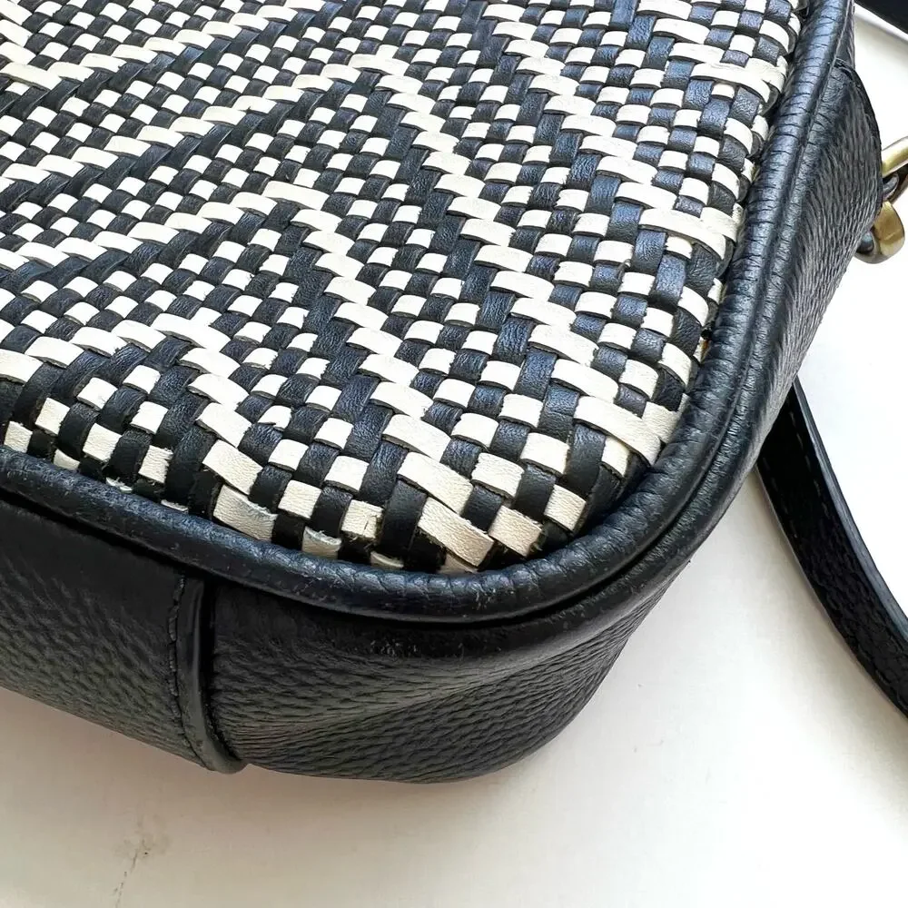 Michael Kors Ginny Camera Crossbody Bag Woven Intrecciato Chevron Leather Navy